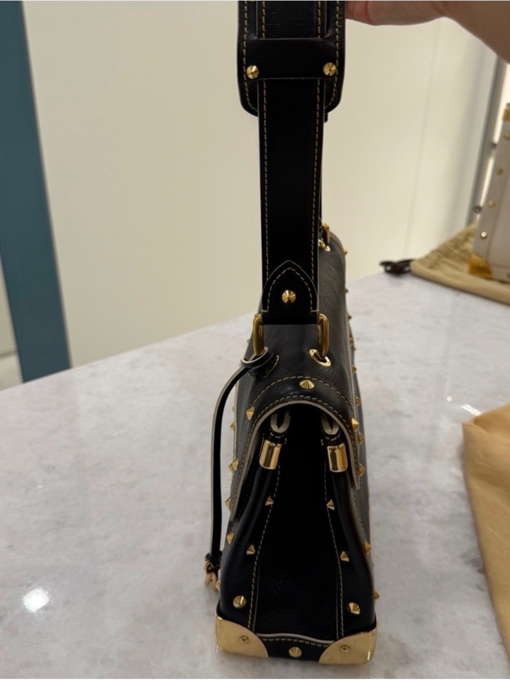 Louis Vuitton Black Leather Crossbody with Gold Hardware and Stud Accents - Picture 3 of 6